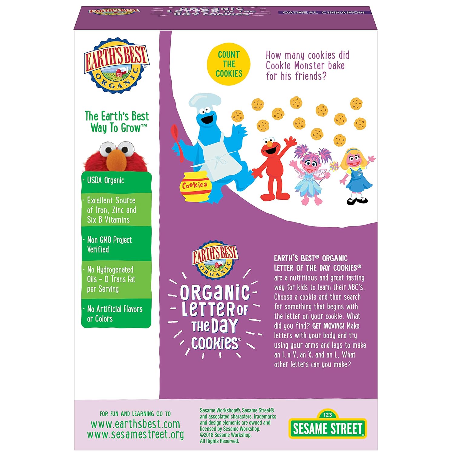 Earth's Best Organic Sesame Street Toddler Letter of the Day Cookies, Oatmeal Cinnamon, 5.3 oz. Box : Baby