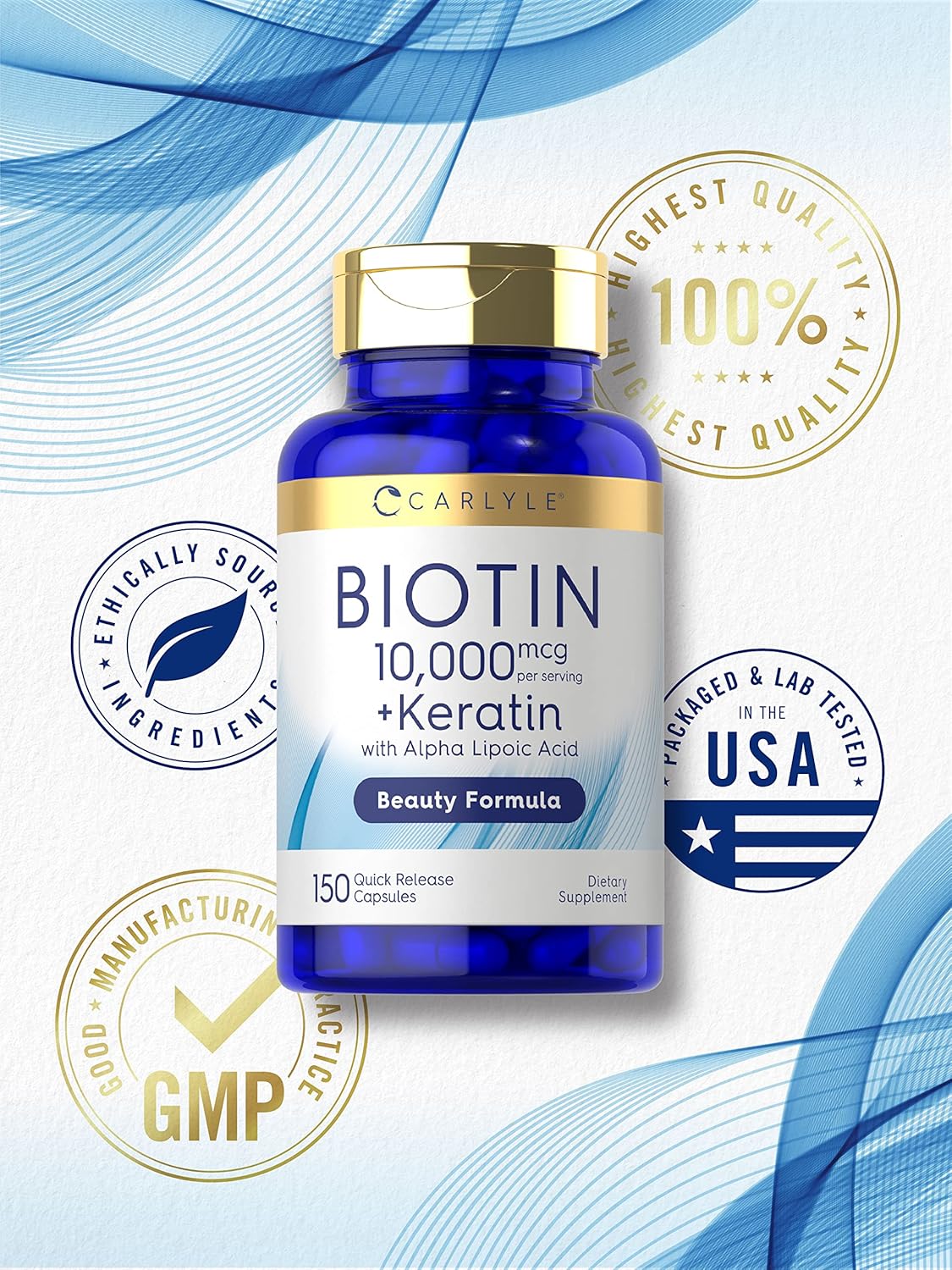 Carlyle Biotin 10000mcg | 150 Capsules | Beauty Formula with Keratin | Non-GMO, Gluten Free Supplement : Health & Household