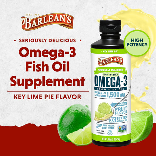 Barlean's Key Lime Pie High Potency Omega 3 Fish Oil Liquid Supplement, 1500mg of EPA & DHA Fatty Acid, Smoothie Flavored & Burpless for Brain, Joint, & Heart Health, 16 oz