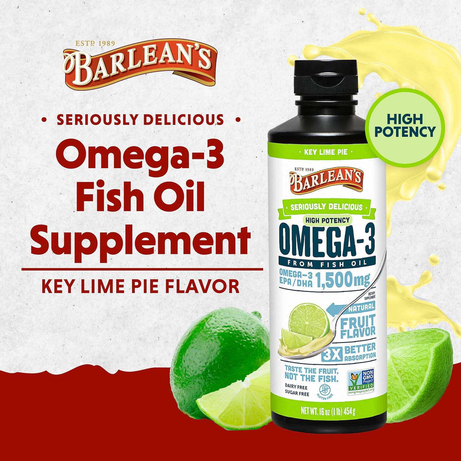 Barlean's Key Lime Pie High Potency Omega 3 Fish Oil Liq Supplement, 1500mg of EPA & DHA Fatty Acid, Smoothie avored & Burpless for Brain, Joint, & Heart Health, 1