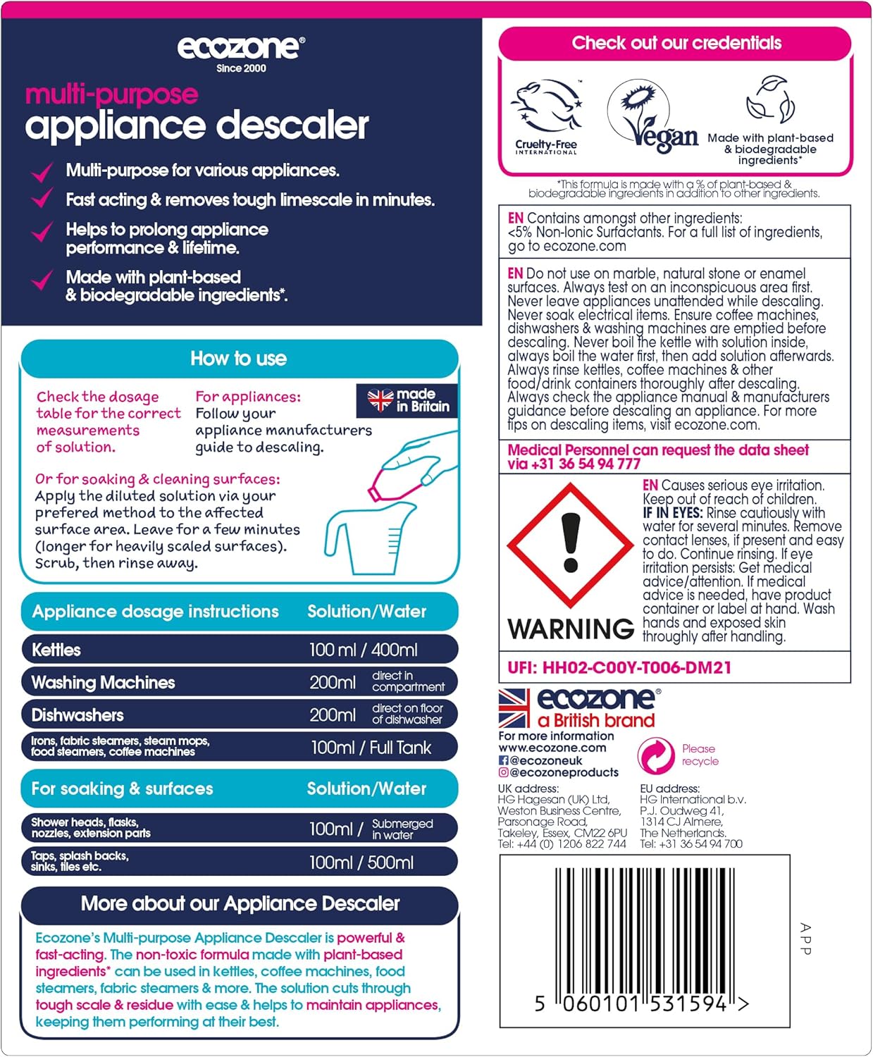 Ecozone Multi-Purpose Appliance Descaler, Internal Cleaner For Kettles, Irons, Washing Machines, Coffee Makers, Dishwashers, Fixtures & Surfaces, Natural Vegan & Non Toxic Eco-Friendly Liquid (500Ml)