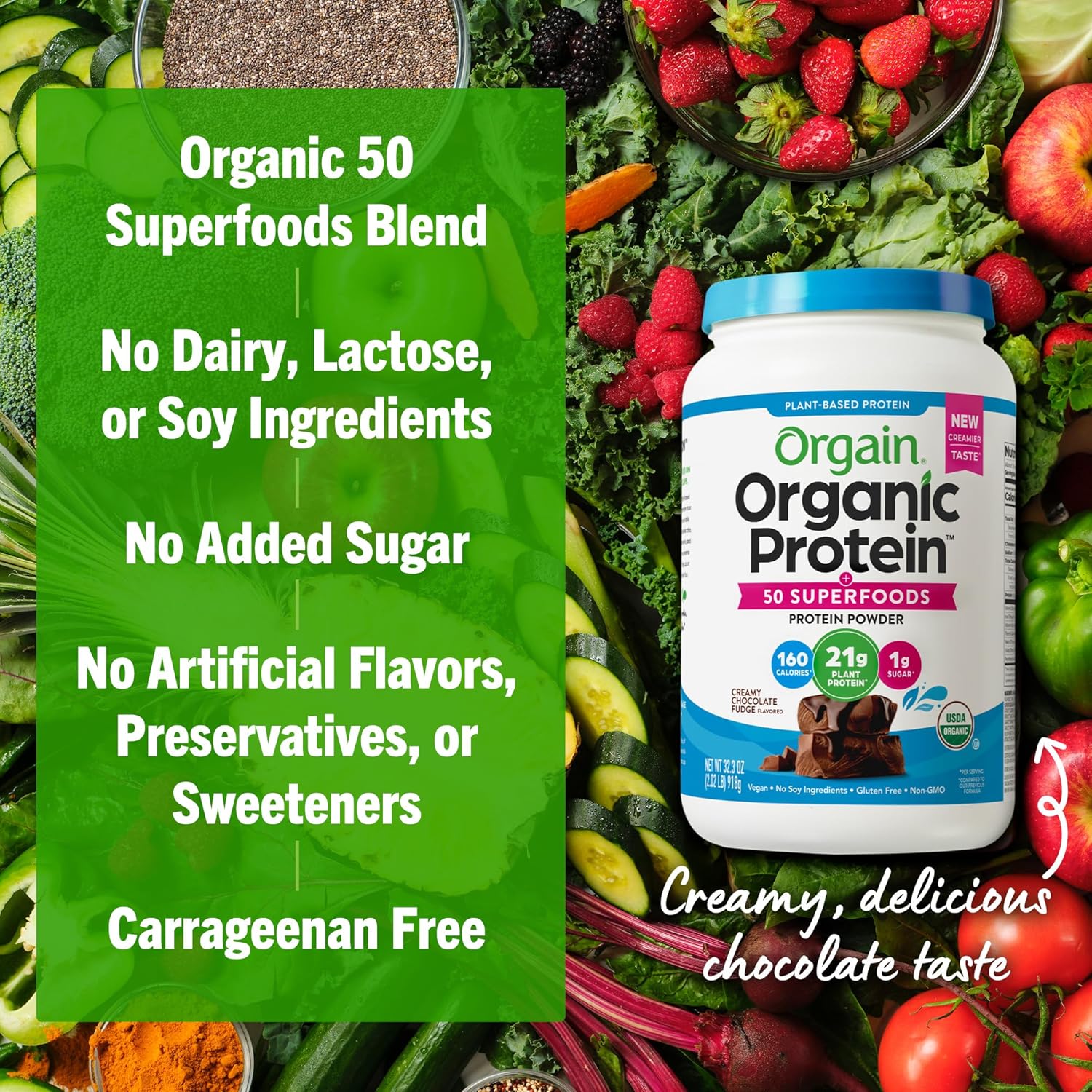 Orgain Organic Vegan Protein + 50 Superfoods Powder, Creamy Chocolate Fudge - 21g Plant Based Protein, 10g Prebiotic Fiber, No Lactose Ingredients, Gluten Free, Non-GMO, 2.02 lb (Packaging May Vary) : Health & Household