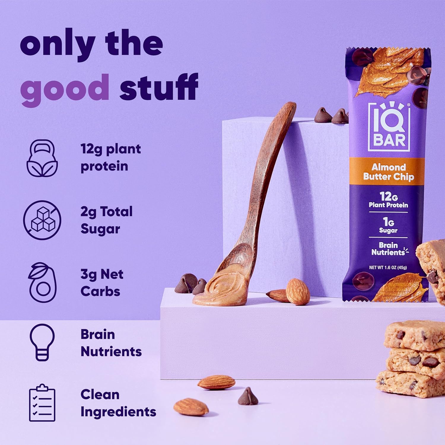 IQBAR Brain and Body Plant Protein Bars - Almond Butter Chip - 24 Count, Low Carb, High Fiber, Gluten Free, Vegan Snacks - Low Sugar Keto Energy Bars : Grocery & Gourmet Food