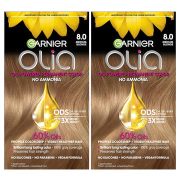 Garnier Hair Color Olia Ammonia-Free Brilliant Color Oil-Rich Permanent Hair Dye, 8.0 Medium Blonde, 2 Count (Packaging May Vary)