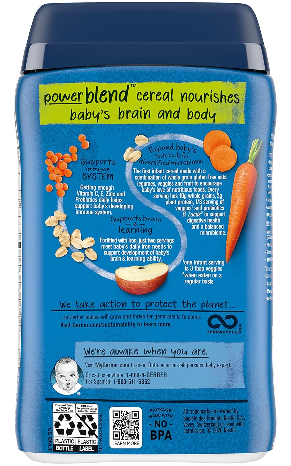 Gerber Cereal For Baby Power Blend Baby Cereal, Probiotic With Oatmeal, Lentil, Carrots & Apples, Made With Whole Grains & Plant Protein, 8 Oz Canister (Pack Of 3)