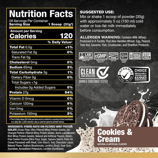 Allmax Isoflex Whey Protein Isolate, Cookies & Cream - 2 Lb - 27 Grams Of Protein Per Scoop - Zero Fat & Sugar - 99% Lactose Free - Gluten Free & Soy Free - Approx. 30 Servings