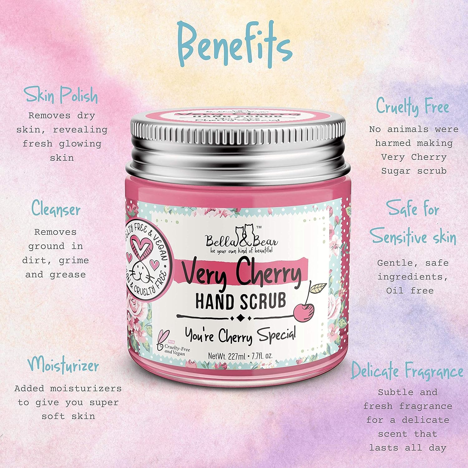 Bella & Bear Very Cherry Hand Scrub, No Harmful Chemicals, Cruelty-Free, Vegan-Friendly Exfoliating, 6.7Oz : Beauty & Personal Care
