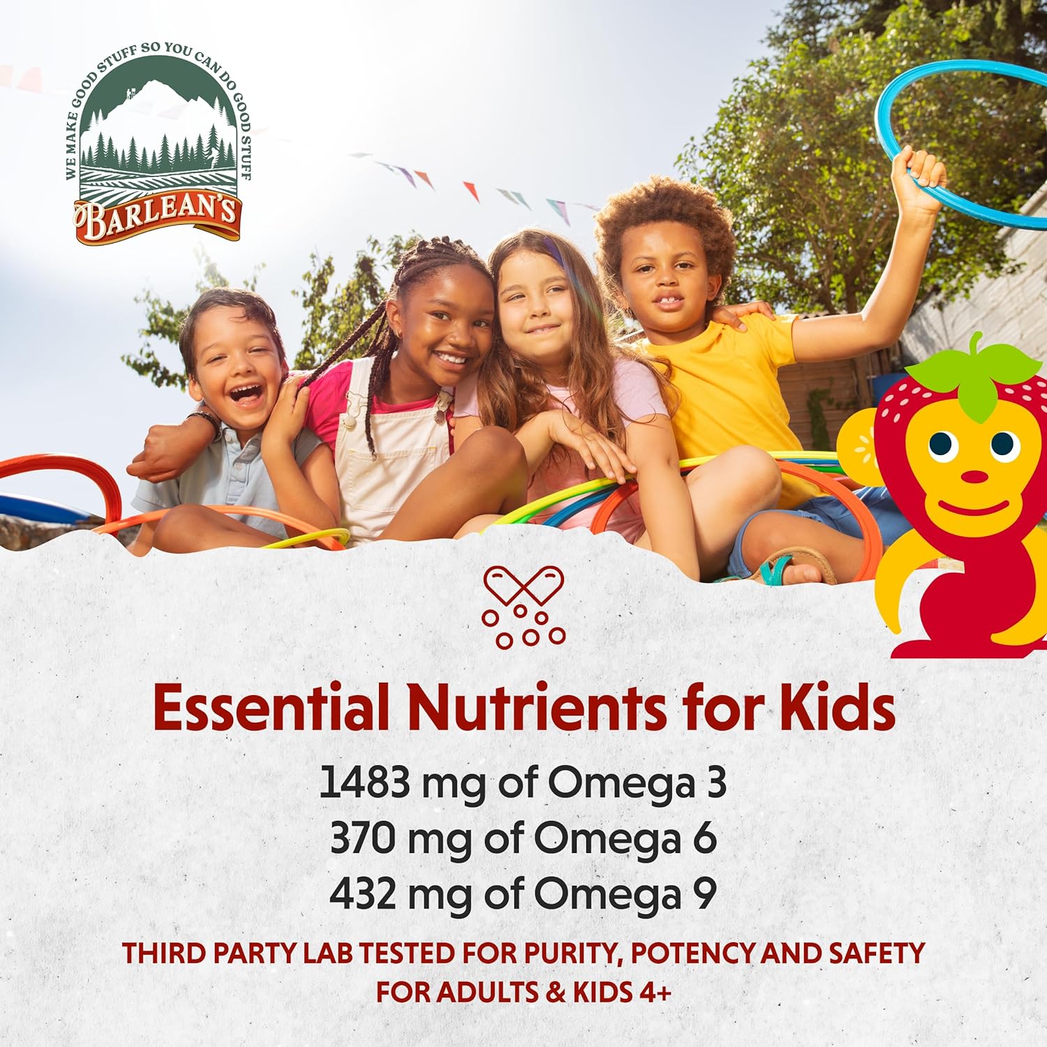 Barlean's Omega Pals Omega 3 for Kids, Yummy Straw-Nana Flavored Children's Liquid Flax Seed Oil Supplement with 1,483 mg ALA, Non-GMO, Vegan Brain & Eye Health, 8 oz : Health & Household