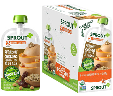Sprout Organics Baby Food, Butternut, Chickpea, Quinoa & Date, Plant Powered Protein, 4 Oz Purees (Pack Of 6)