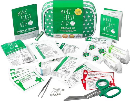 Mini First Aid Kit - 90 Items Kids First Aid Kit Includes Plasters, Bandages, Scissors, Tweezers & Burn Gel – For Car, Home, Office, Travel & Camping - Ideal For Babies & Kids – As Seen On Dragons Den