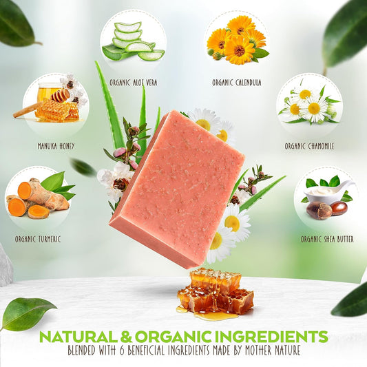 Turmeric & Manuka Honey Soap Bar For Body & Face, Natural Turmeric Soap For Dark Spots, Made In Usa With Natural & Organic Ingredients - Gentle For All Skin Types – 4.5 Ounce Bar. Unscented