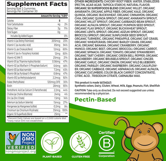 Orgain Kids Sugar Free Multivitamin Gummies, Vegan, 50 Superfoods, 15 Vitamins And Minerals, Immune Support And 3G Of Fiber, Mixed Berry, Ages 4+, 1 Month Supply (60 Gummies)