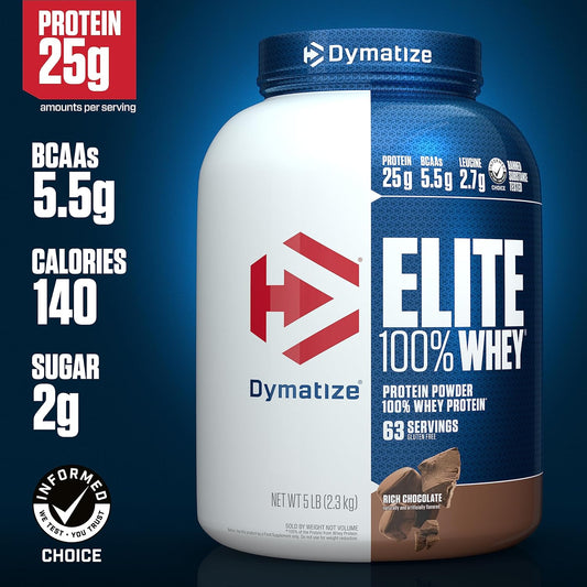 Dymatize Elite 100% Whey Protein Powder, 25G Protein, 5.5G Bcaas & 2.7 L-Leucine, Quick Absorbing & Fast Digesting For Optimal Muscle Recovery, Rich Chocolate, 5 Pound, 63 Servings