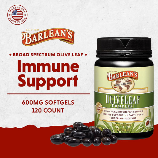 Barlean'S Olive Leaf Complex Softgels Immune Support Supplement With 90 Mg Oleuropein Antioxidants, Concentrated Heart Health And Immunity Booster Pills, 60 Count