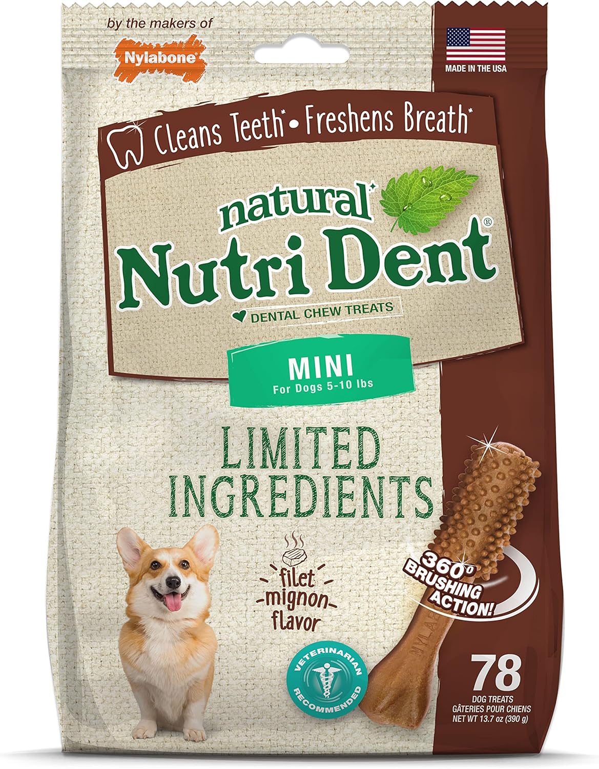 Nylabone Nutri Dent Dog Dental Treats - Natural Dog Teeth Cleaning & Breath Freshener - Dental Treats for Dogs - Filet Mignon Flavor, Mini (78 Count)