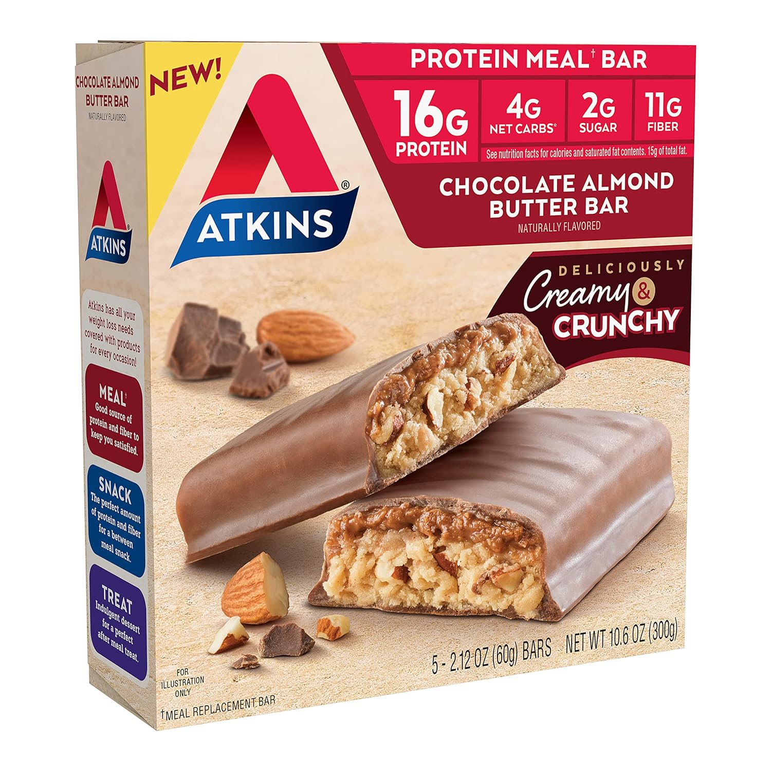 Atkins Chocolate Almond Butter Protein Meal Bar, Keto Friendly, 5 Count