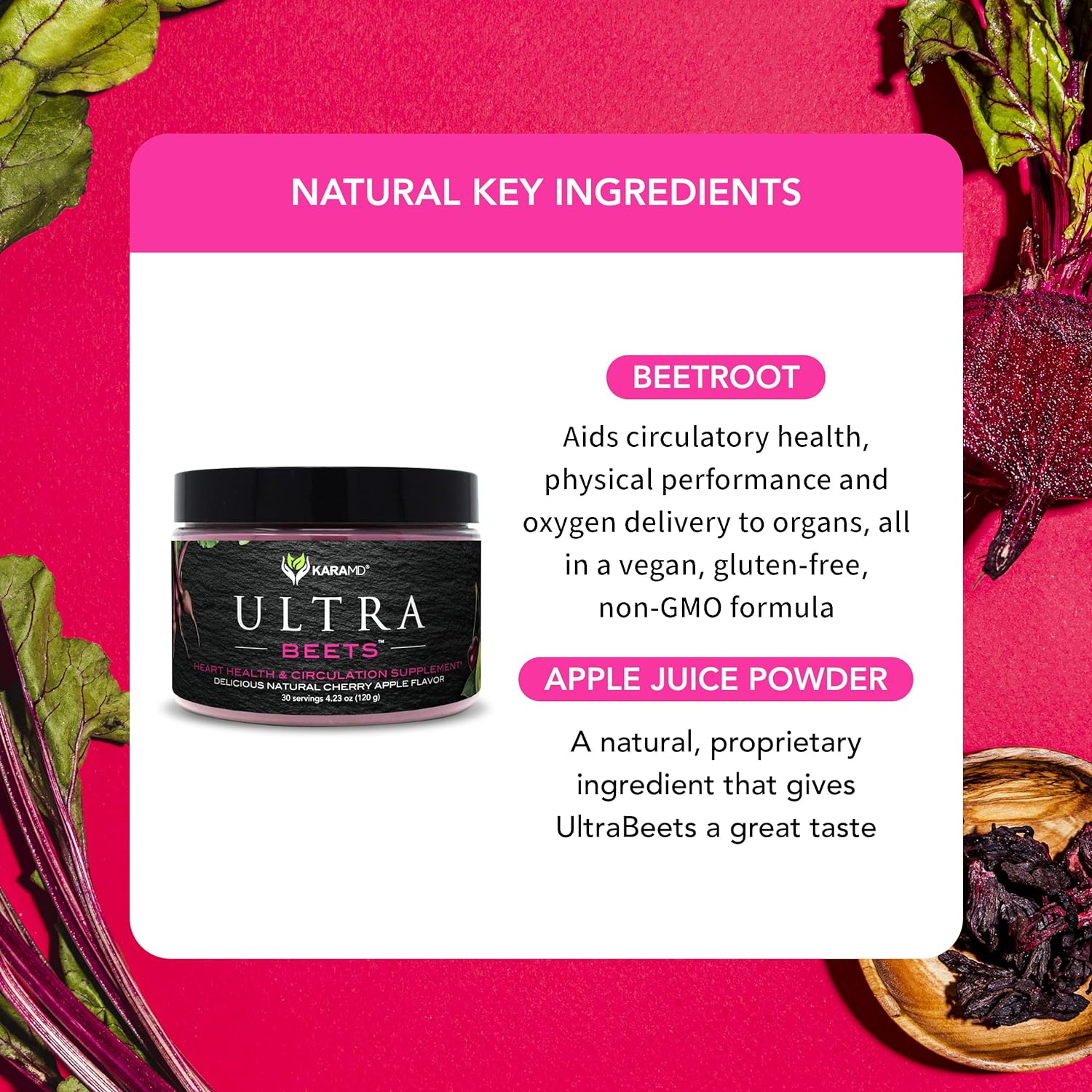 KaraMD UltraBeets - Beetroot Superfood Powder - Heart Health, Circulation & Energy Supplement - Supports Nitric Oxide Production - Cherry Apple Flavored Drink Mix - 30 Servings : Health & Household