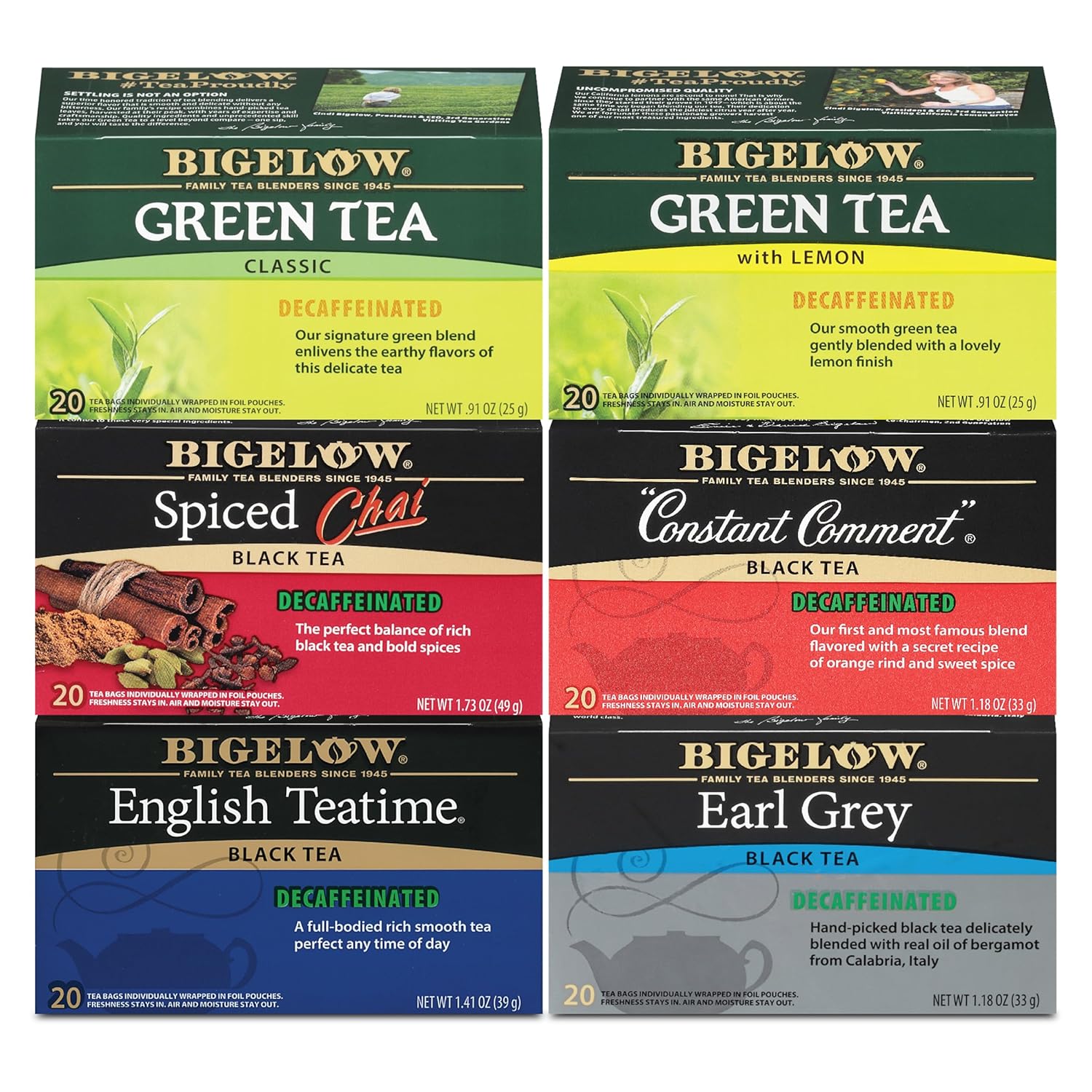 Bigelow Tea Decaffeinated Tea 6 Flavor Variety Pack, Decaf Tea With Green Tea, Spiced Chai, Constant Comment, English Teatime And Earl Grey Tea, 20 Count Box (Pack Of 6), 120 Total Tea Bags