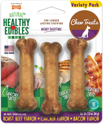 Nylabone Healthy Edibles Natural Dog Chews Long Lasting Roast Beef, Chicken & Bacon Flavor Treats for Dogs, X-Small/Petite (3 Count)