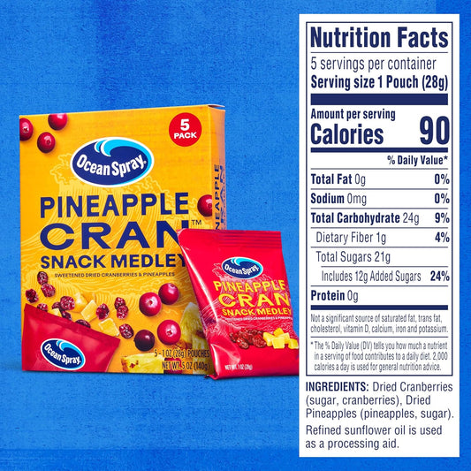 Ocean Spray® Pineapple Cran™ Snack Medley, Cranberry And Pineapple Dried Fruit Snack, 1 Oz Pouches, 5 Count