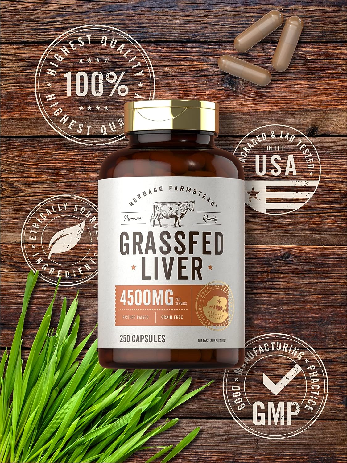 Carlyle Grass Fed Beef Liver Capsules 4500mg | 250 Count | Desiccated Supplement | Non-GMO, Gluten Free | by Herbage Farmstead : Health & Household