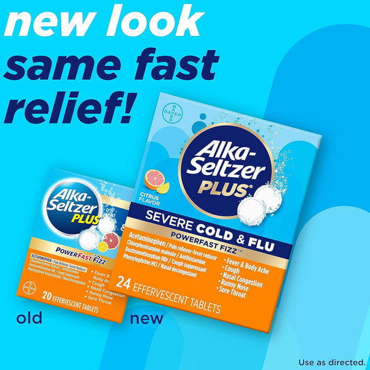 Alka-Seltzer Plus Severe, Cold & Flu Medicine, Citrus Effervescent Tablets, Nasal & Sinus Congestion, Sneezing, Runny Nose, Cough, Sore Throat 24 Count, Packaging May Vary