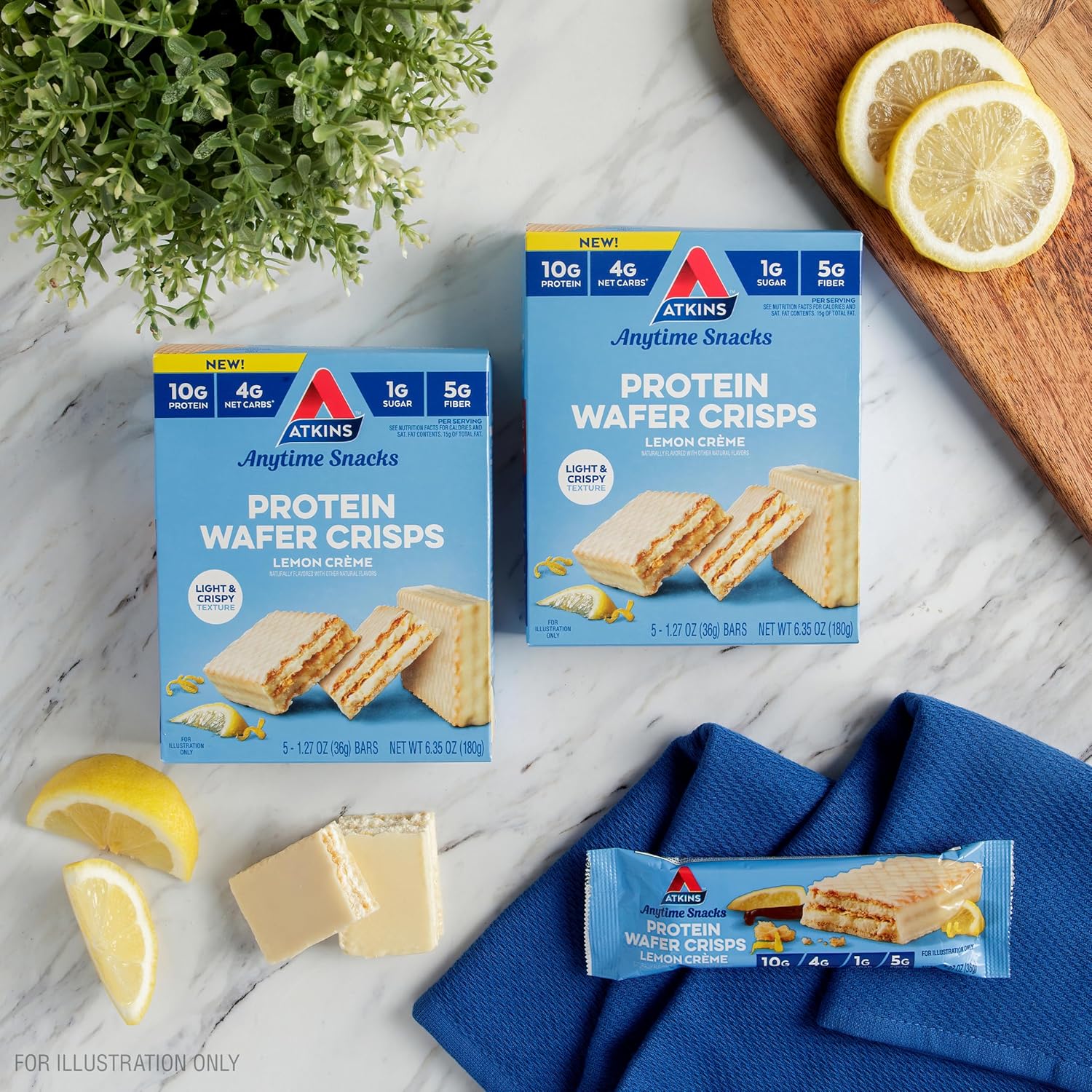 Atkins Lemon Wafer Crisps, Protein Snack, 10g Protein, 4g Net Carbs, 1g Sugar, 5g Fiber, 5 Count : Grocery & Gourmet Food