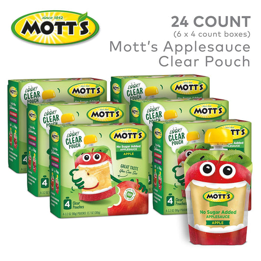 Mott'S No Sugar Added Applesauce, 3.2 Oz Clear Pouches, 24 Count (6 Packs Of 4), Good Source Of Vitamin C, No Artificial Flavors