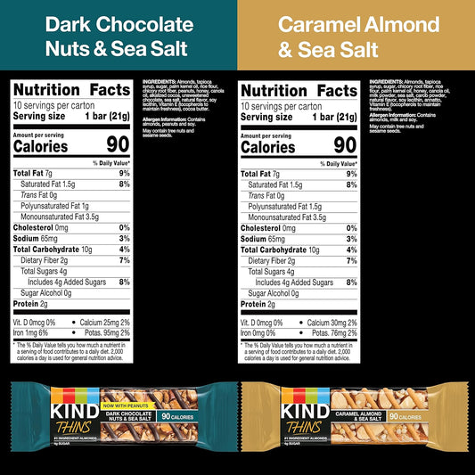 Kind Thins Variety Pack, Dark Chocolate Nuts & Sea Salt, Caramel Almond & Sea Salt, Healthy Snacks, Low Calorie, 20 Count