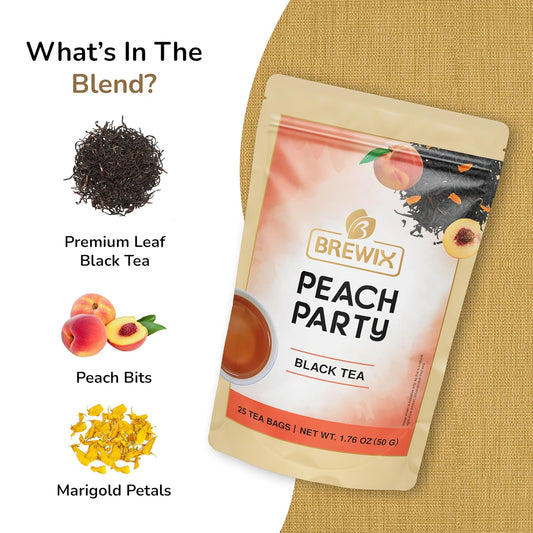 Brewix Peach Party - Premium Black Tea With Peach, Floral & Refreshing Iced Tea Bags (25 Pyramid Tea Bags) - Caffeinated, Sugar-Free
