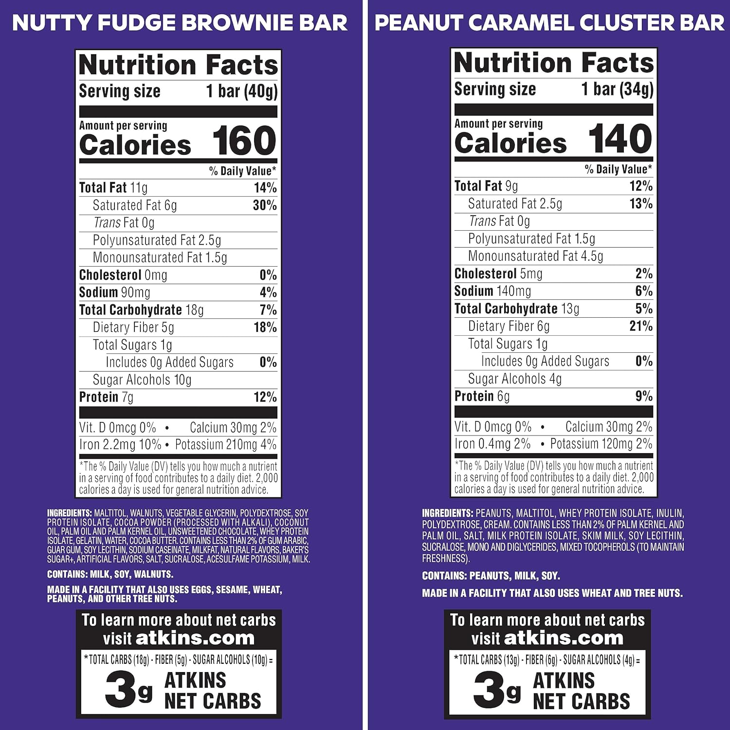 Atkins Endulge Treat Variety Pack, Nutty Fudge Brownie Bar & Peanut Caramel Cluster, Keto Friendly, 16 Bars (8 Each Flavor) : Health & Household