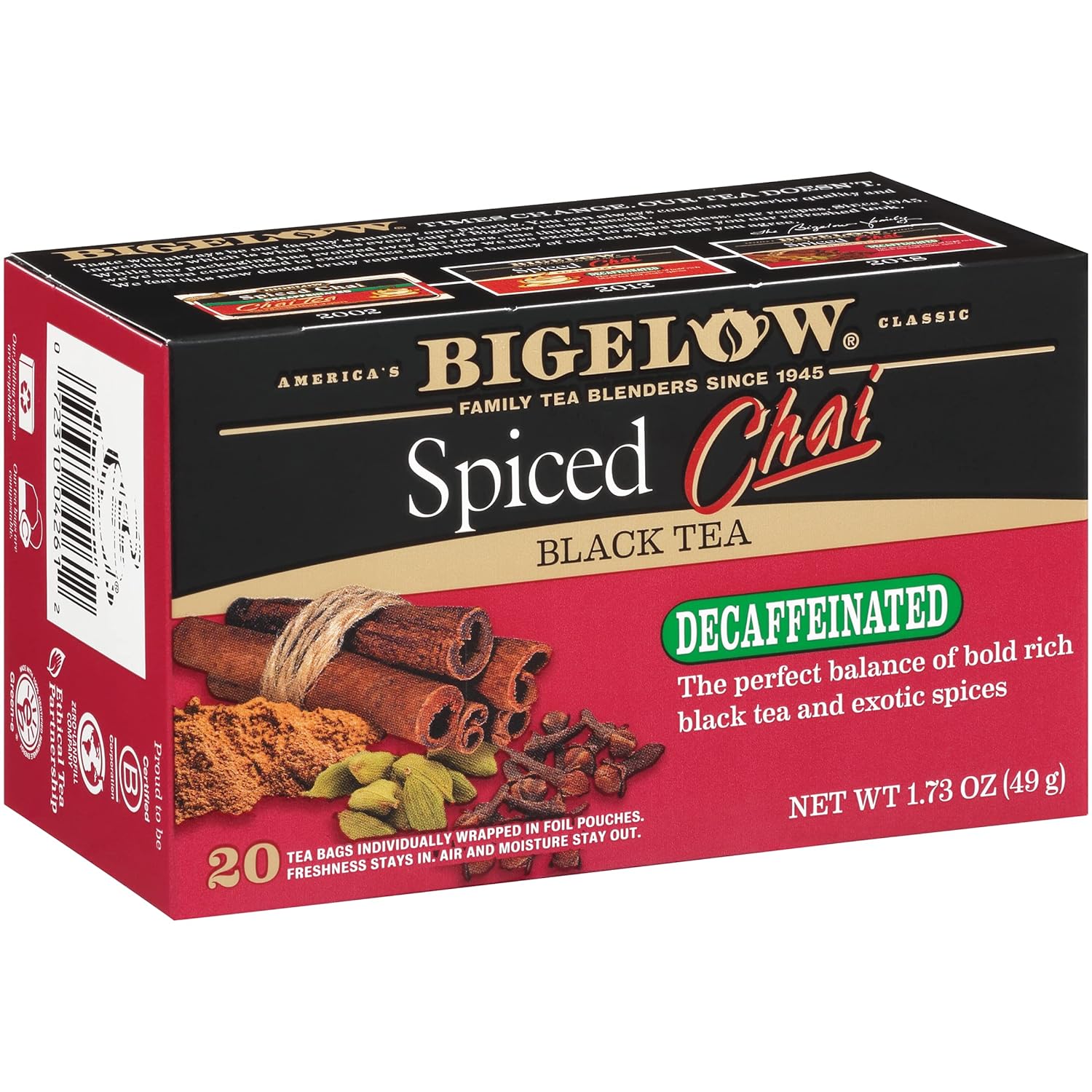 Bigelow Tea Decaffeinated Spiced Chai Black Tea, Decaf Tea With Spiced Chai, 20 Count Box (Pack Of 6), 120 Total Tea Bags