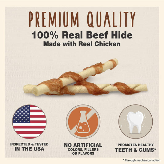 Cadet Gourmet Beef Hide & Chicken Twists Dog Treats - Healthy & Natural Rawhide & Chicken Dog Treats for Small & Large Dogs - Inspected & Tested in USA, 5 In. (14 Count)