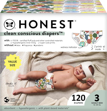 The Honest Company Clean Conscious Diapers | Plant-Based, Sustainable | Cactus Cuties + Donuts | Super Club Box, Size 3 (16-28 Lbs), 120 Count