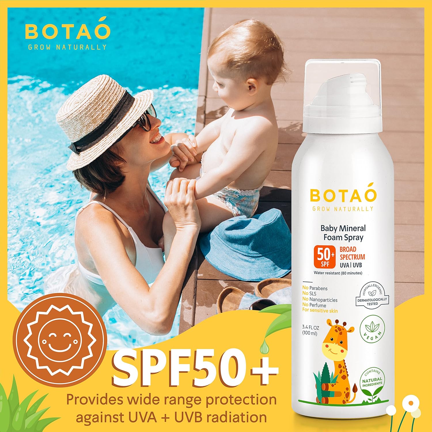 BOTAO Baby’s Mineral Sunscreen Foam Spray: SPF50 Broad Spectrum UVA UVB, Babies or Toddlers Sunburn Protection, Zinc Oxide, 3.4 Oz (2-Pack) : Baby