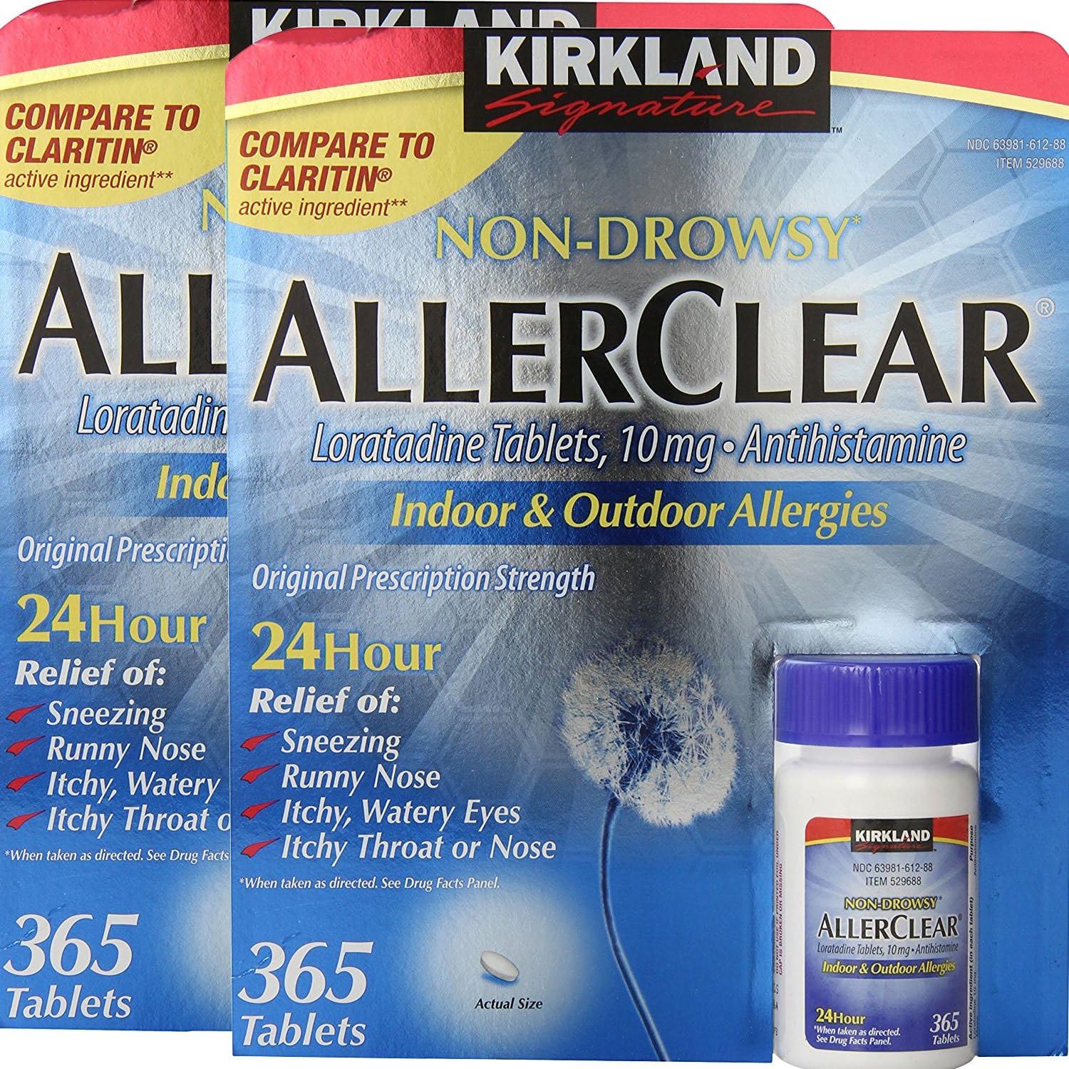 Kirkland Signature Non Drowsy Allerclear Loratadine Tablets, Antihistamine, 10mg, 365-Count