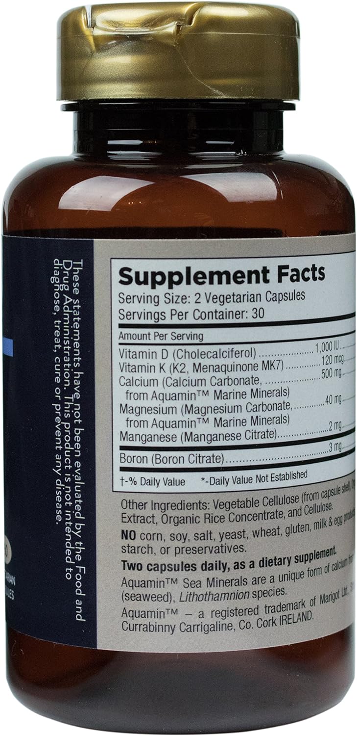 Mt. Angel Vitamins - Bones + K2, Comprehensive Bone Support Calcium Supplement, Aquamin 1600 mg, Magnesium, plus trace minerals, Vitamin K2 (MK7), Manganese, Vitamin D3, Boron - 60 Vegetarian Capsules : Health & Household