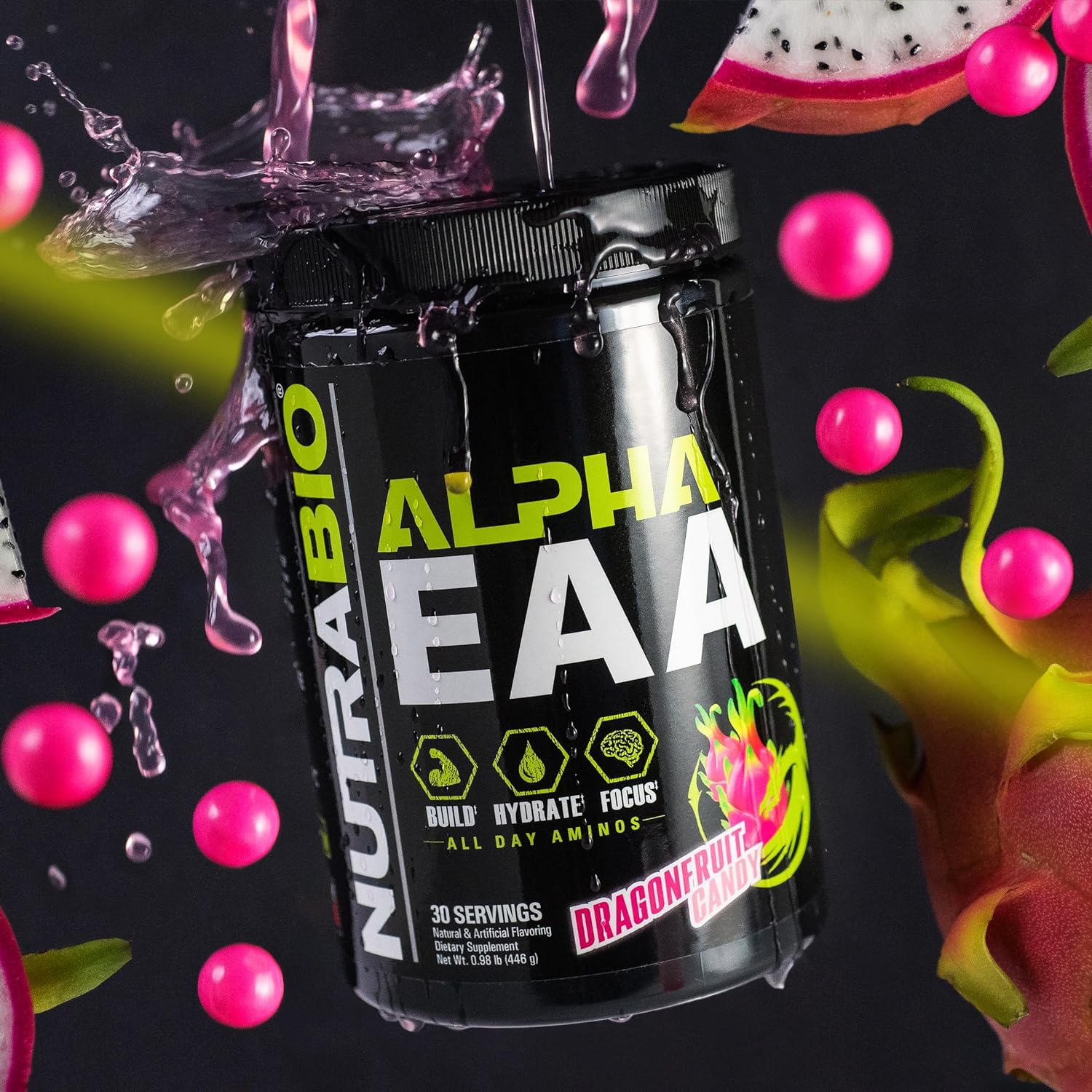 NutraBio Alpha EAA - All-Day Aminos - Recovery, Energy, Focus, and Hydration Supplement - Full Spectrum EAA BCAA Matrix, Electrolytes, Nootropics, Coconut Water - 30 Servings - Dragon Fruit : Health & Household