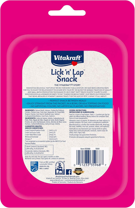 Vitakraft Lick ‘N’ Lap Salmon Flavor Cat Treats, Highly Palatable Wet Pet Snack, 4 Packs Of 5 Grab-N-Go Squeeze Tubes Each