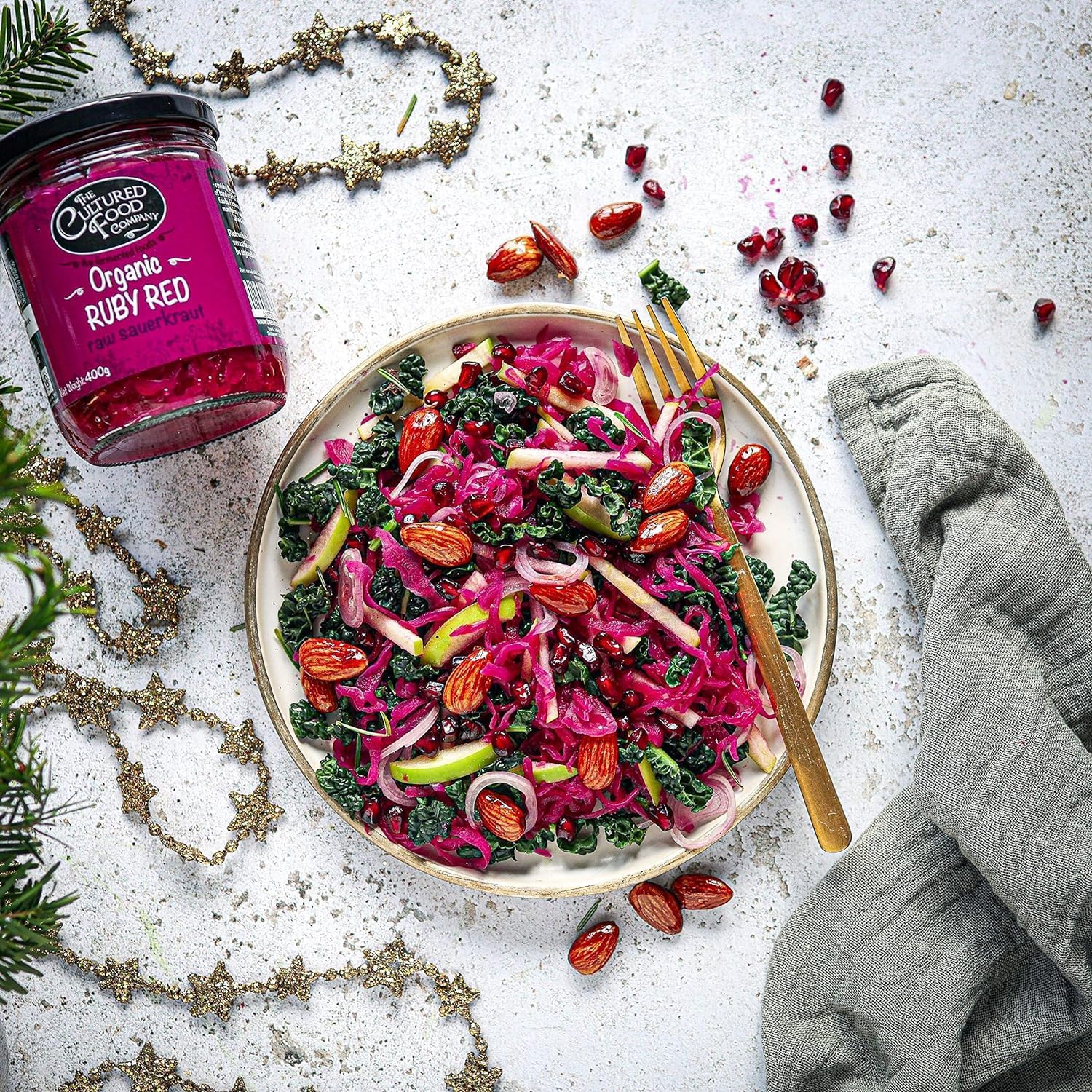 The Cultured Food Company - Organic Ruby Red Sauerkraut 400G Jar X 2-100% Natural Ingredients- Raw & Unpasteurised - Probiotic Rich - Traditionally Fermented Red Cabbage- Handmade - No Preservatives
