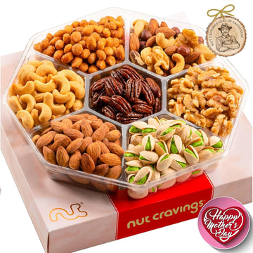 Nut Cravings Gourmet Collection - Mothers Day Mixed Nuts Gift Basket in Red Gold Box (7 Assortments, 1 LB) Arrangement Platter, Birthday Care Package - Healthy Kosher USA Made