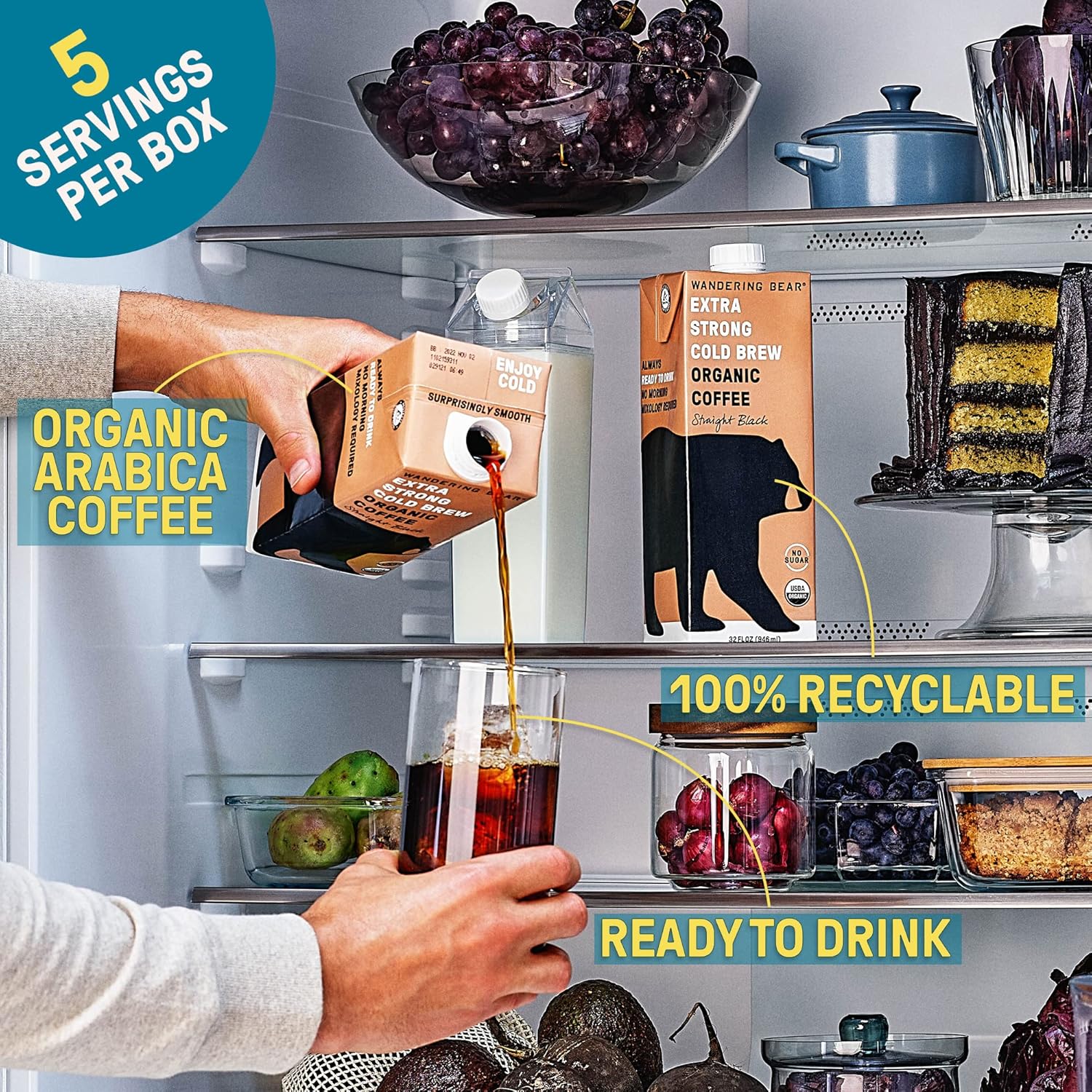 Wandering Bear Organic Vanilla Cold Brew Coffee, 32 Fl Oz, 6 Pack - Extra Strong, Smooth, Organic, Unsweetened, Shelf-Stable, And Ready To Drink Iced Coffee, Cold Brewed Coffee, Cold Coffee
