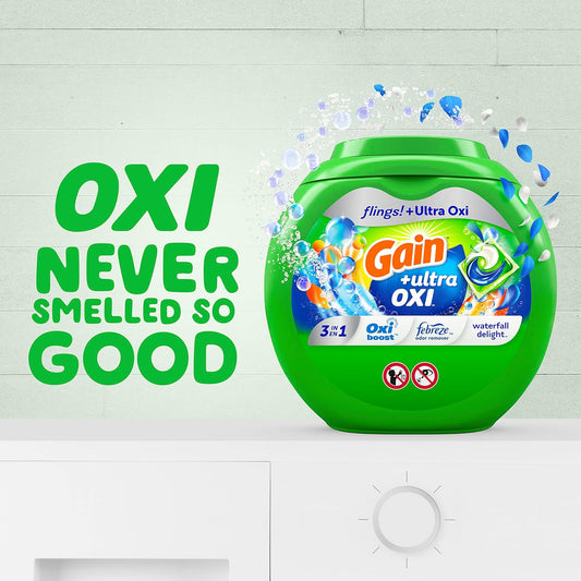 Gain Flings Ultra Oxi Laundry Detergent Pacs, 112 Count, Waterfall Delight Scent, 3-In-1, He Compatible