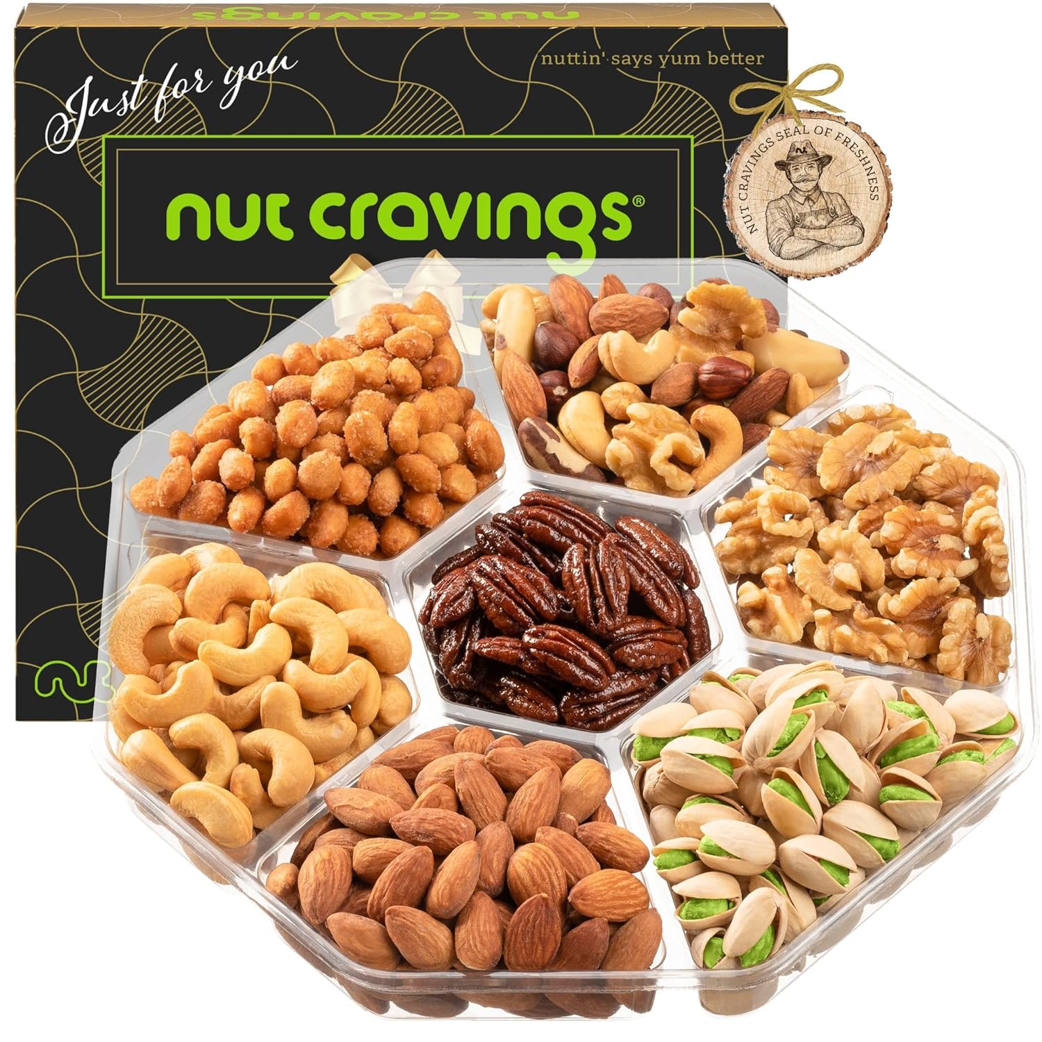 Nut Cravings Gourmet Collection - Mothers Day Mixed Nuts Gift Basket in Black Gold Box (7 Assortments, 1 LB) Arrangement Platter, Birthday Care Package - Healthy Kosher USA Made
