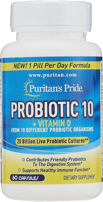 Puritan'S Pride Probiotic 10 With Vitamin D To Help Support Immune System Health, Capsule, 60 Count, White