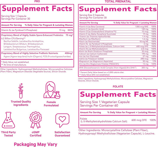 Pink Stork Ultimate Prenatal Vitamin Trio: Total Prenatal + Pro + Folate, Pregnancy Probiotic for Women, Prenatal Vitamin with DHA and Folic Acid, Women-Owned