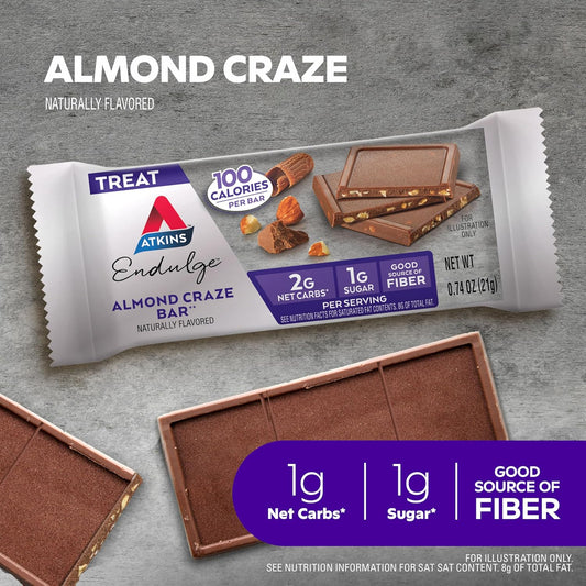 Atkins Endulge Treat, Almond Craze Bar, 2G Net Carbs, 1G Of Sugar, Good Source Of Fiber, Keto Friendly, 16 Count