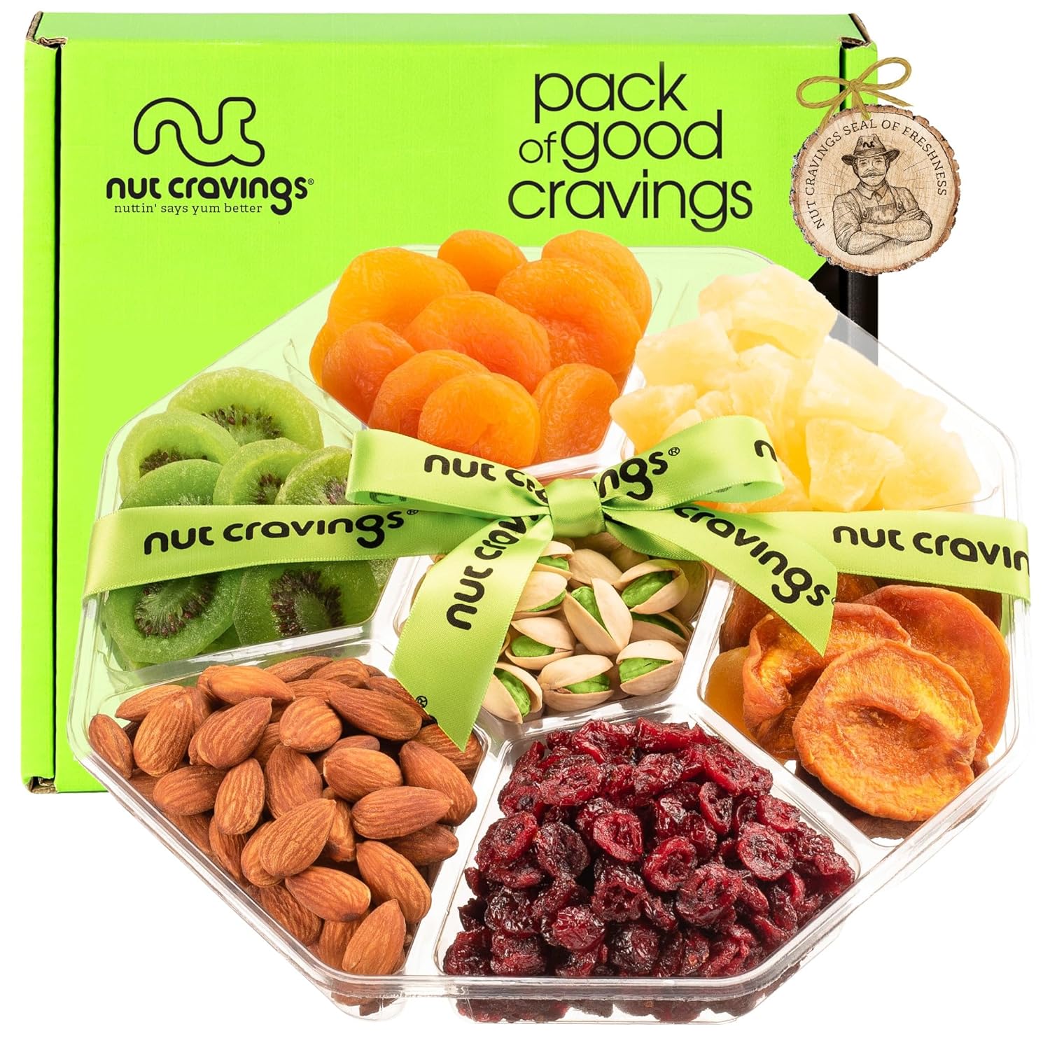 Nut Cravings Gourmet Collection - Dried Fruit & Mixed Nuts Gift Basket + Green Ribbon (7 Assortments, 1 Lb) Teacher Appreciation Arrangement Platter Bday Care Package Healthy Kosher