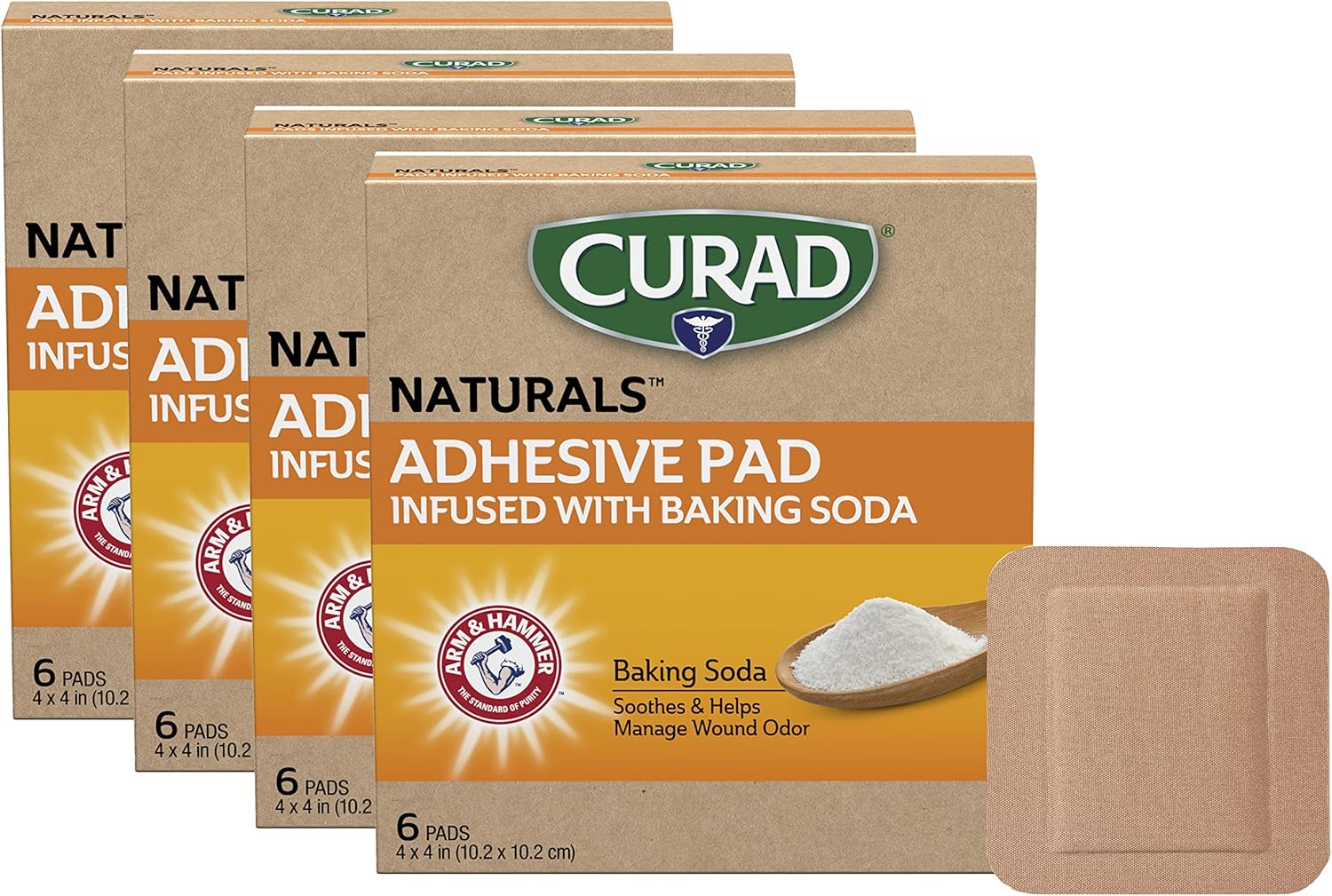 Curad Naturals Arm & Hammer Baking Soda Adhesive Pads 4" X 4", Individually Wrapped Sterile Bandage, Firstaid Kit Essential, Protects Scrapes And Cuts, Absorbent Andself-Adhesive, 6-Count-4 Boxes