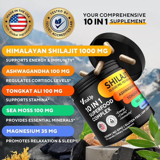 Shilajit Capsules 10 In 1 With Kava Kava - Usa Made Himalayan Shilajit For Men - Pure Shilajit For Women With Tongkat Ali, Ashwagandha, And Kava Kava For Energy & Immunity Support - 90 Capsules